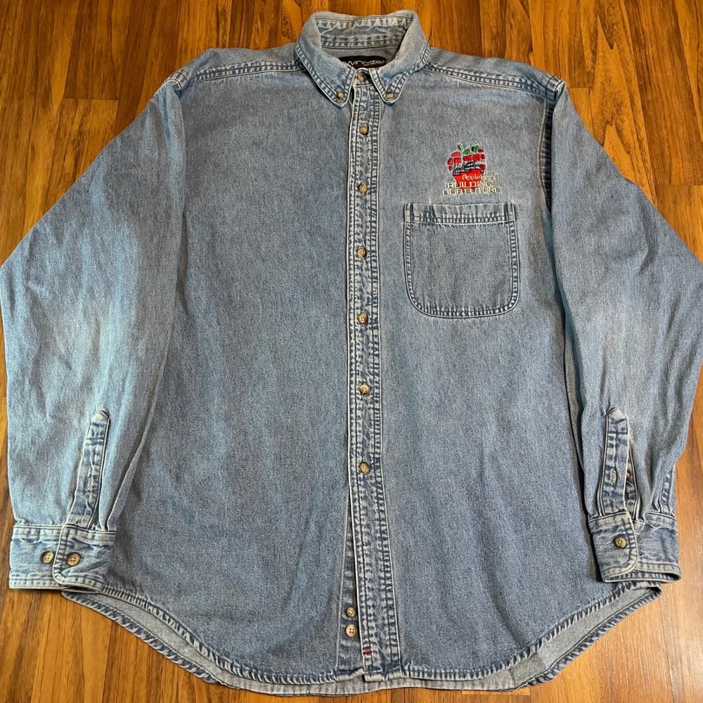 Vintage Swingster Applebees Denim Shirt Mens Large L 80s Blue Cotton Long Sleeve